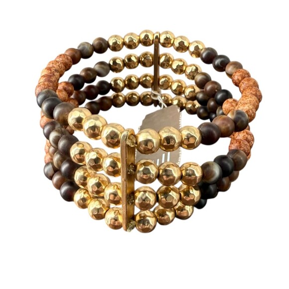 J. Jill Beaded Bracelet Stretch Wood Gold Tone Multi Strand Rustic Boho Earthy - Picture 2 of 10